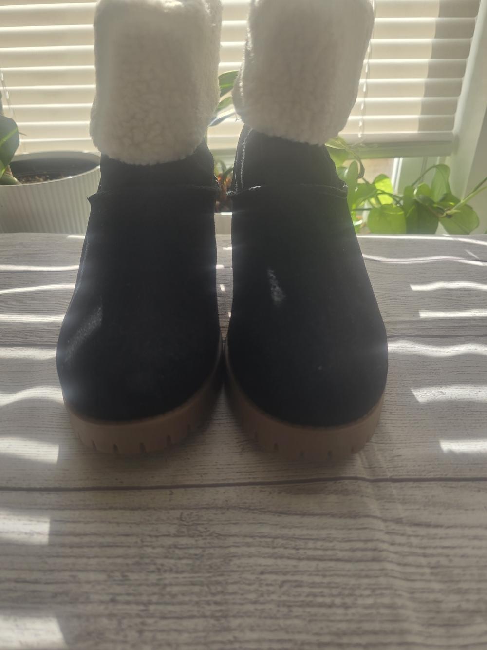 Time and Tru Black Faux-Suede Ankle Booties with Cream Sherpa Cuff